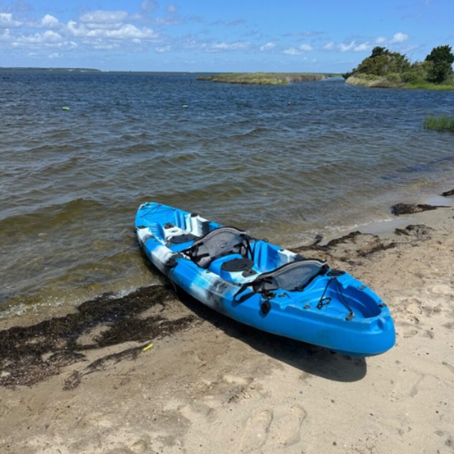 Blue tandem kayak resting at the water's edge
